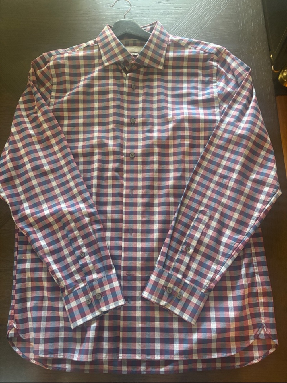 Hickey Freeman Men's Plaid Dress Shirt in Red, Blue & White